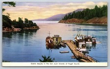 Vintage San Juan Islands Puget Sound WA Boats Dock Postcard After War picture