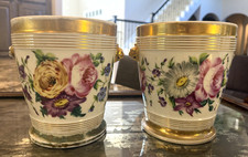 Old Paris Style Porcelain Cachepot Pair Floral Gold Gilt Lion Head Planters picture