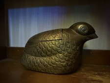 Vintage Heavy Solid Brass Quail Bird Trinket Box Lidded Dish Made in India MCM picture