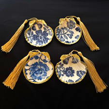 Set of 4 Blue & White Chinoiserie Floral Scallop Shell Ornaments w/ Gold Tassels picture