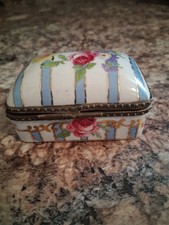 Vtg Hand Painted Floral Striped Porcelain Trinket Box  picture
