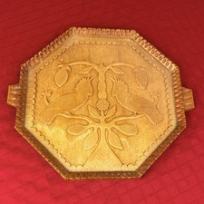 Vtg Bulgarian Hand Carved Wood Glass Serving Tray Octagon Parrots Folk Art  12” picture