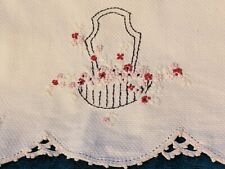 Flower Basket Hand Embroidered Linen Grannycore Cottagecore Doily Scarf Vintage  picture
