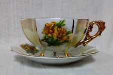 Vintage Cup and Saucer Footed Lusterware Daffodils Gold Trim picture