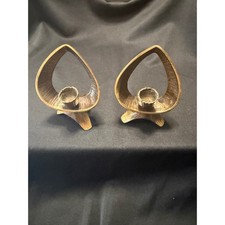 Vintage Made in Israel Sculptural Brass Tone Candleholders Pair MCM Art picture