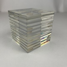 Vintage Lucite Striped Layered Cube Paperweight MCM Original Sticker picture