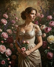 Elegant Woman Pink Peonies Garden Romantic Victorian Style Fantasy Art Print picture