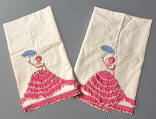Vtg Hand Crochet Crinoline Lady Pillowcases Southern Belle Embroidered Set READ picture