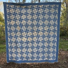 Antique Handmade Pinwheel Pattern Patchwork Quilt Blanket Blue White 84” x 78” picture