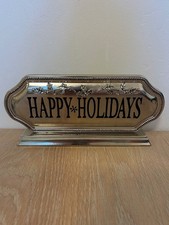 Happy Holidays Silver Tone Tabletop Sign 12x6 Holly Christmas Mantel Decor picture