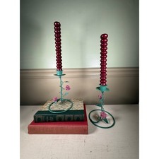 Vintage Pink Rose Metal Candlestick Holders Pair Turquoise Taper Candle Holders picture