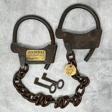 Old Handcuffs, Iron Adjustable Cuffs with Chain & Antique Alcatraz Prison picture