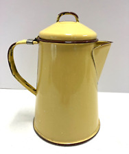 Enamelware Graniteware Yellow Speckled Brown Trim Metal Coffee Pot 7 Inch   14 picture