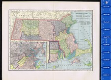 1904 MASSACHUSETTS & RHODE ISLAND - Antique State MAP picture
