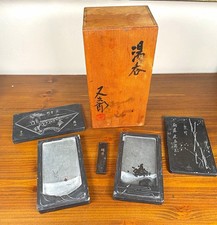 Antique Asian Calligraphy Inkstones Set - Two Carved Suzuri Ink Stones Wood Box picture