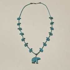 Vtg Zuni Fetish Necklace Blue Turquoise Heishi Bead Carved Bear Native American picture