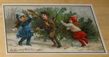 SCARCE 1880'S PRANG CHRISTMAS GREETING CARD CHILDREN CARRYING TREE picture