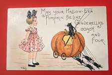 Vintage H. B. Griggs Halloween Postcard, Cinderella Pumpkin Coach Black Cats L&E picture