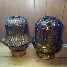 Vintage Indiana Amber Glass Fairy Lamps *Stars and Bars* And Amber Glass Set 2 picture