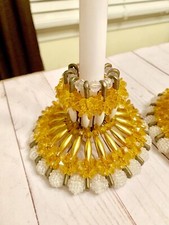 Pair of Beautiful Vintage Boho Beaded Gold and White Candle Stick Holders picture