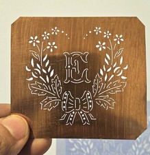 Antique Copper Monogram Stencil Letter E – Ornate Alphabet Plate c.1880–1920 E2 picture