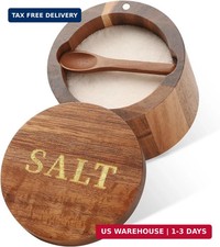 Timtopno Salt Cellar, Acacia Wood Salt Container with Built-in Spoon & Swivel Li picture