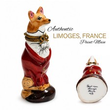 Authentic Limoges Peint Main Fox in Red Robe Trinket Box Hinged Head Mint picture
