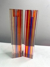 ETICUL Lucite Acrylic Striped Candle Holders Pair Red Blue Vintage Taiwan picture