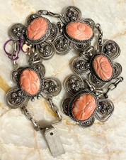 Lovely Antique Chinese Export Natural Coral Butterfly Silver Filigree Bracelet picture