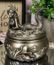 Ebros Beautiful Sunbathing Mermaid Ocean Fishes Round Trinket Jewelry Box picture