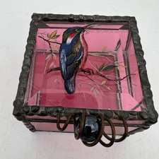 Vintage Pink Stained Glass Trinket Jewelry Box Hand Painted Bird Hinged Lid picture