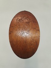 Antique 1900s Flemish Art Wooden Pyrography Oval Wall Plaque 15