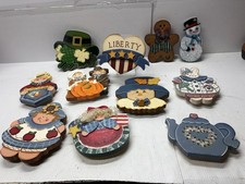 Vintage Cottage Core Glass Cookie Jar W/11 Seasonal Hand Painted Lids EUC picture