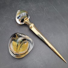 Caithness Scotland Art Glass Gold Letter Opener & Paperweight Desk Decor picture