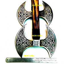 28'' SET OF 2 x Handmade Fantasy Viking Double Head Etched Axe Ash Wood Handle picture
