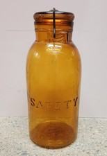 RARE Antique Dark Amber SAFETY 1/2 Gallon Jar With Original Lid & Locking Wire picture