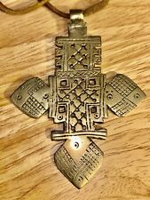 Vintage Ethiopian Coptic Orthodox Large Brass Cross  Brown Leather Necklace picture