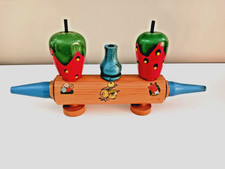 Strawberry Salt & Pepper Shakers & Toothpick Holder Sitting on Rolling Pin Vtg picture