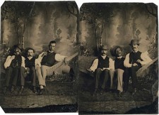 3 GUYS RELAXING ON HAMMOCK SMOKING FASHION HATS PAINTED BACKDROP TINTYPES picture