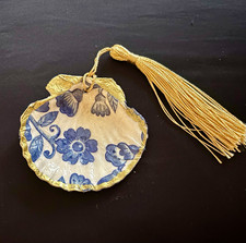 Chinoiserie Shell Ornament w/ Blue Floral Design & Gold Tassel picture