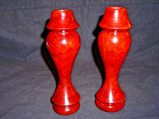 VALENTINES DAY TWO (2) RED AMBOYNA BURL CANDLE HOLDERSieFIGURED HAND TURNED -AC6 picture