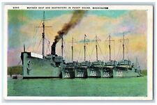 c1920's Mother Ship & Destroyers Smokestacks In Puget Sound Washington Postcard picture