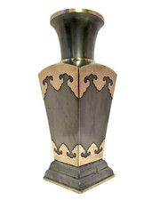 Fabulous Mid-Century Hong Kong Chinese Export 14” Pewter Vase with Brass Overlay picture