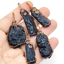 5pc Raw Indochinite Tektite Pendant Lot 45.3g Copper Wire Wrapped Necklaces Thai picture