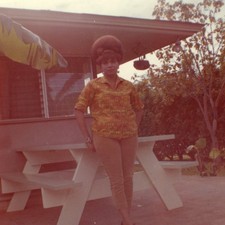 c1960s Black Woman Huge Beehive Hair Snapshot Photo Patio Picnic Table Fashion picture
