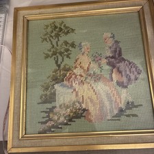 Vintage Colonial Courting Couple Needlepoint Tapestry Frame Cottagecore Wall Art picture