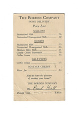1943 BORDEN'S Company Home Delivery Price List Postcard~Milk Cream CottageCheese picture