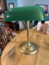 Banker's Lamp Green Glass Shade Art Deco Brass Pull String Vintage Retro Old picture