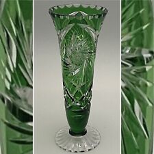 Bohemian Emerald Green Crystal Cut to Clear Pedestal Bud Vase Czech Republic 8