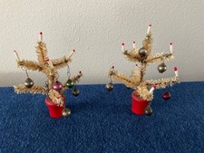 2 VTG Antique Miniature Christmas Trees, Mercury Glass Balls, Candles, Wood Base picture